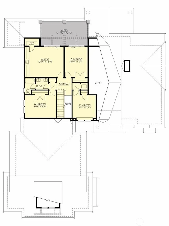 Floor plan of a house showing multiple rooms, including bedrooms, bathrooms, a staircase, a veranda, and a garage, with detailed measurements and layout features.
