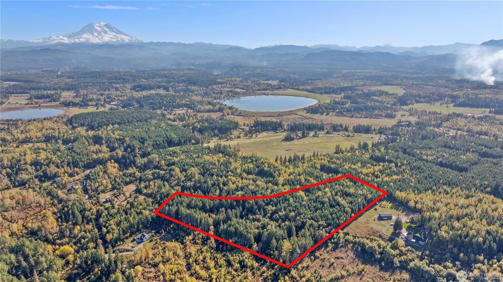 Aerial view of a forested landscape with a red outline marking a specific wooded area, nearby houses, and a large lake with a mountain in the background.