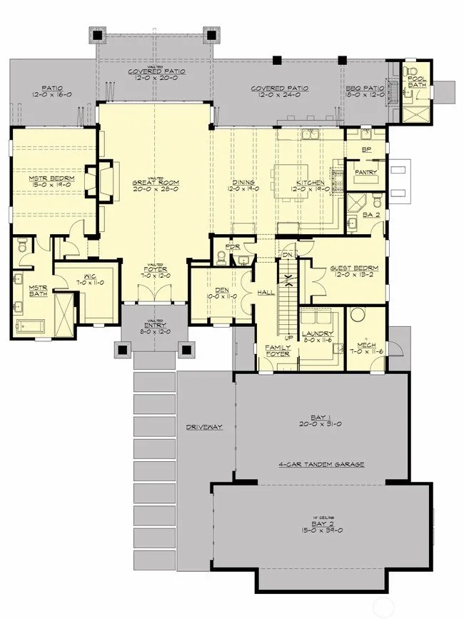 Floor plan of a house with multiple rooms including master bedroom, guest bedroom, great room, kitchen, dining area, den, laundry, and garage, with outdoor patios and a pool bath.