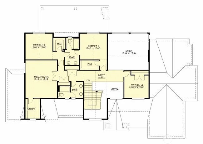 Floor plan of a house with four bedrooms, two bathrooms, a recreation/media room, a study, a loft hall, and multiple open areas, with detailed room dimensions.