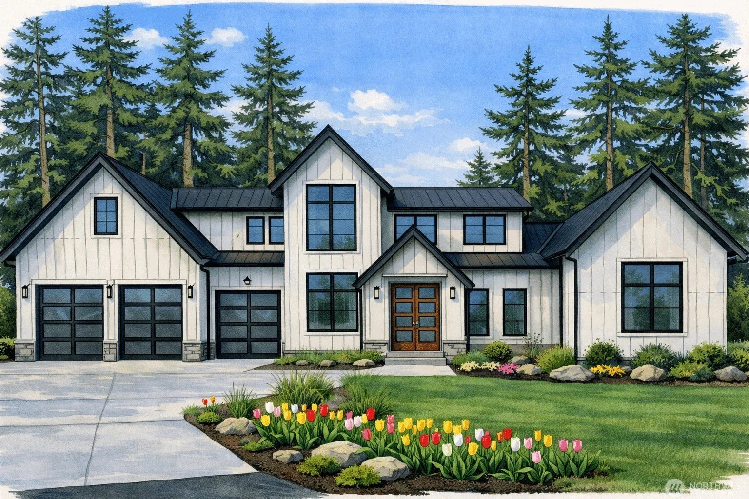 Illustration of a modern two-story white house with black window frames and a brown front door, surrounded by green lawn and colorful tulip flowers, with tall pine trees in the background under a blue sky.