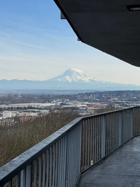 View of Mount Rainier from a balcony with a black railing and partial overhang in the foreground.