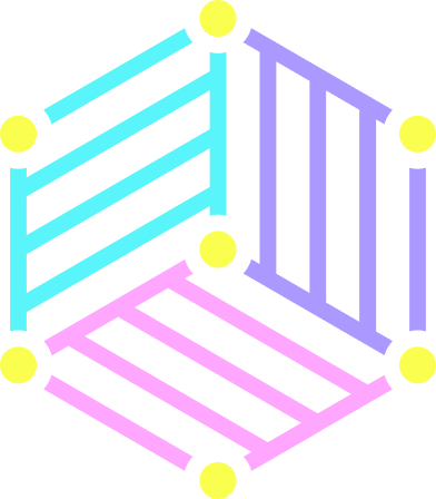 Colorful 3D cube with striped sides and yellow corner nodes