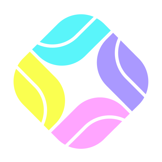 Colorful geometric logo with curved lines in yellow, purple, pink, cyan, and black on a black background.