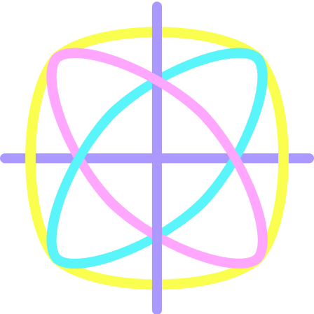 Colorful geometric design with intersecting oval loops in pink, blue, and yellow, overlaid with purple lines forming cross and circle shapes.