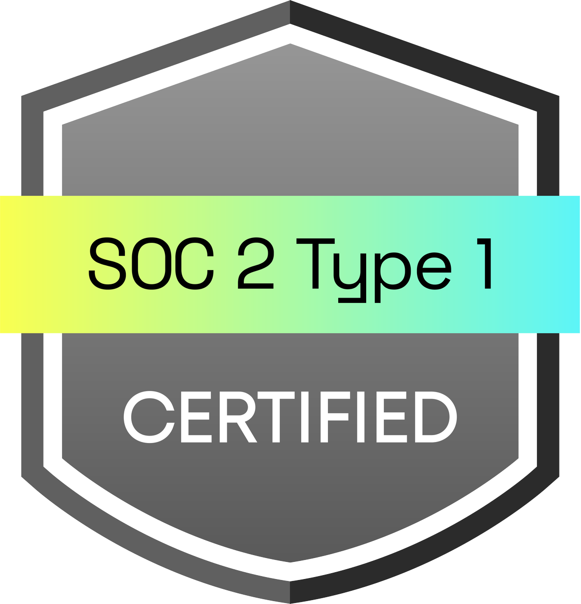 A certification badge with a silver hexagon border, featuring the text 'SOC 2 Type 1' in large black letters across a rainbow gradient banner, and 'CERTIFIED' in white letters at the bottom.