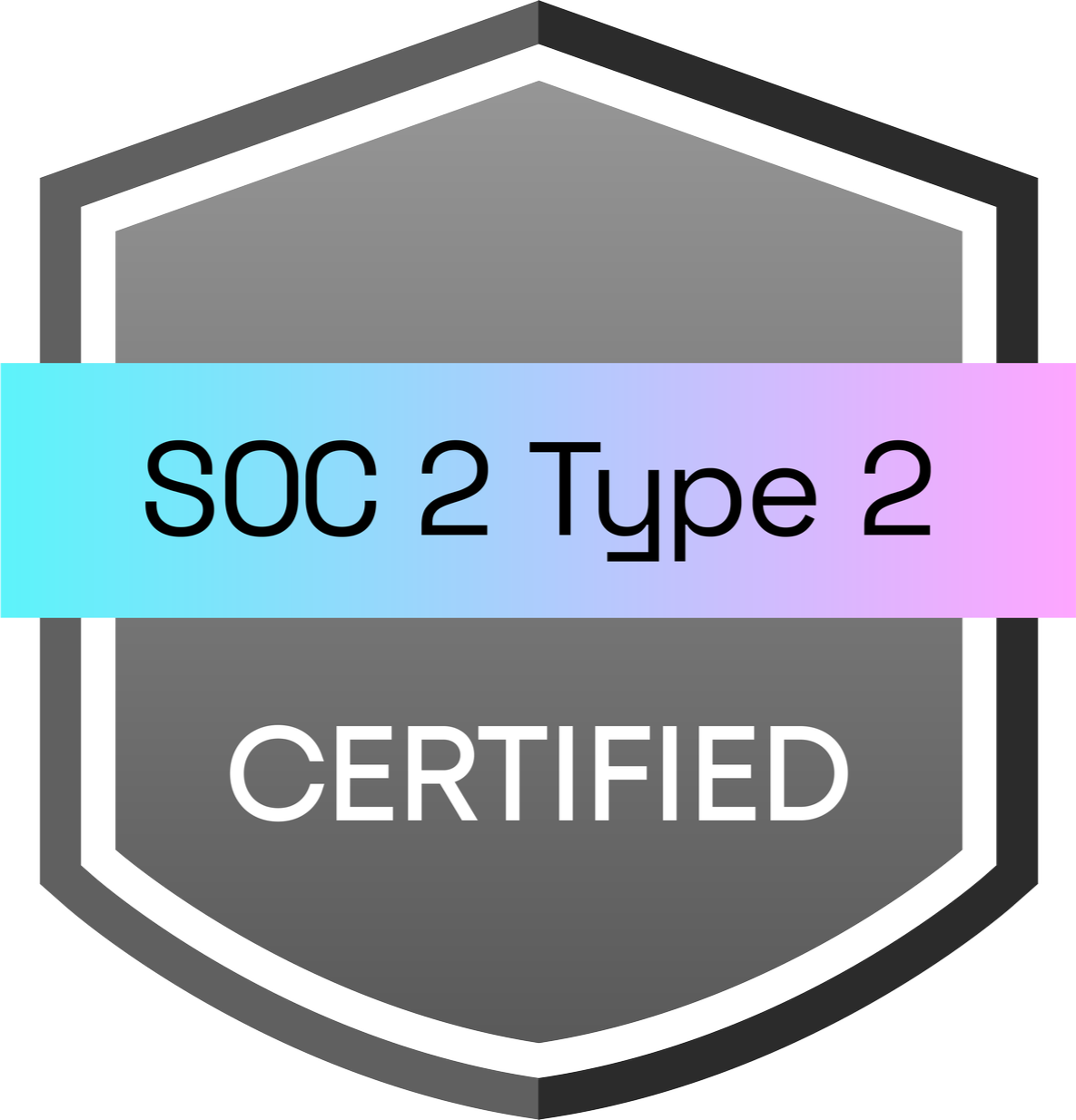 A badge with a gray background and a black border, featuring the text "SOC 2 Type 2" in large letters across a light blue to purple gradient banner, and the word "CERTIFIED" in white on the lower part of the badge.
