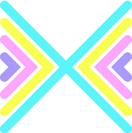 Colorful geometric pattern with intersecting lines and arrow shapes in blue, yellow, purple, and pink against a black background.