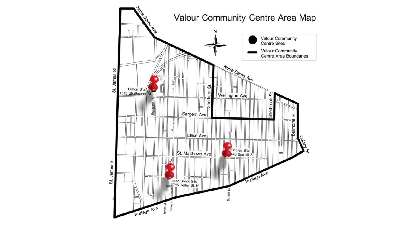Map showing the Clifton, Orioles and Isaac Brock sites in Winnipeg's West End