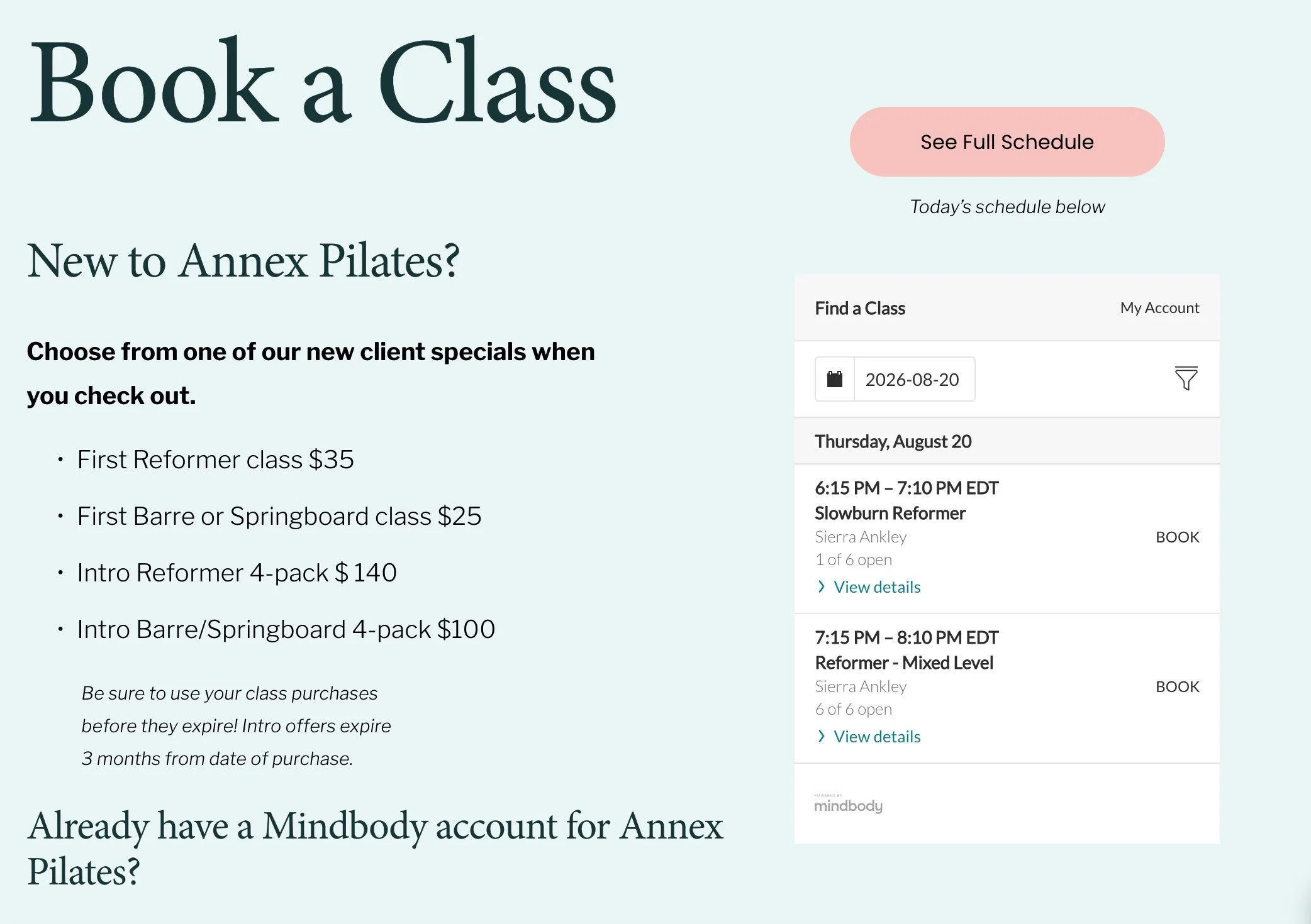 Mindbody Squarespace integration for Annex Pilates 
