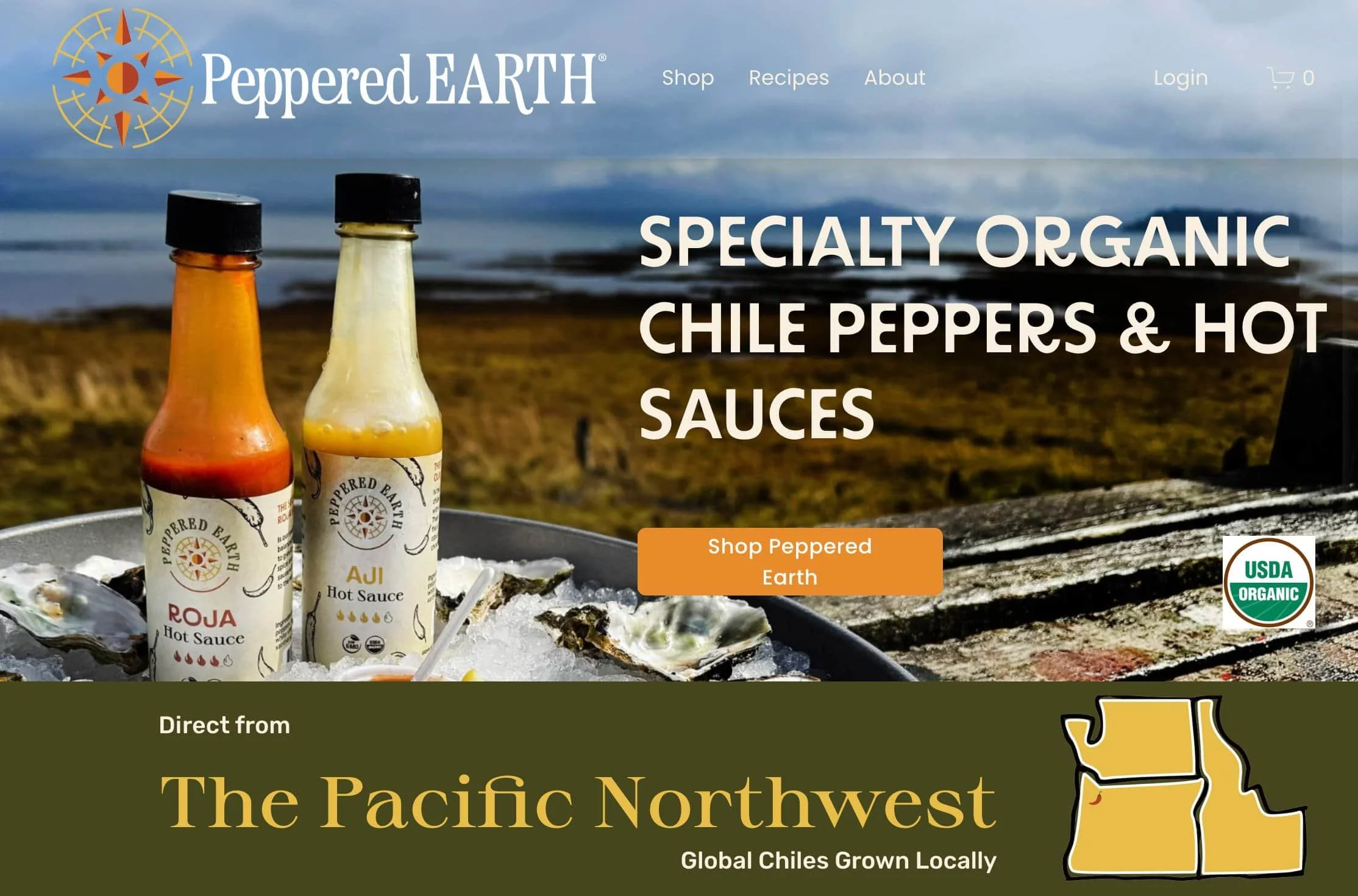 Squarespace e-commerce website design for Peppered Earth organic farm showing specialty hot sauce bottles