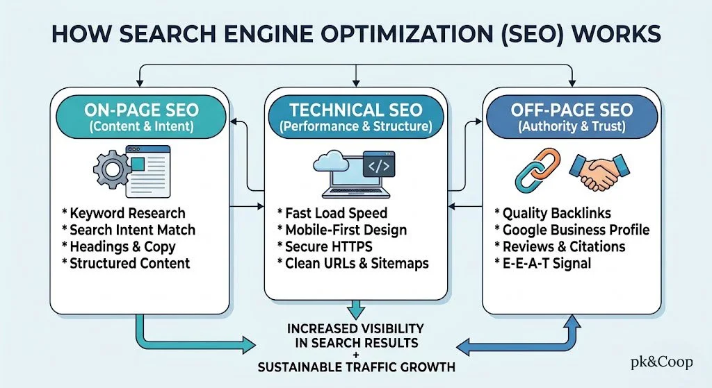 Diagram showing how search engine optimization works through crawling, indexing, and ranking