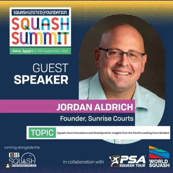 Sunrise Courts is very proud that Jordan Aldrich, Founder of @sunrisecourts will be speaking at The Squash Summit 2025 on the 13-14th September in Cairo!

Sunrise Courts is the only U.S.-based squash court installer to manufacture squash courts at th
