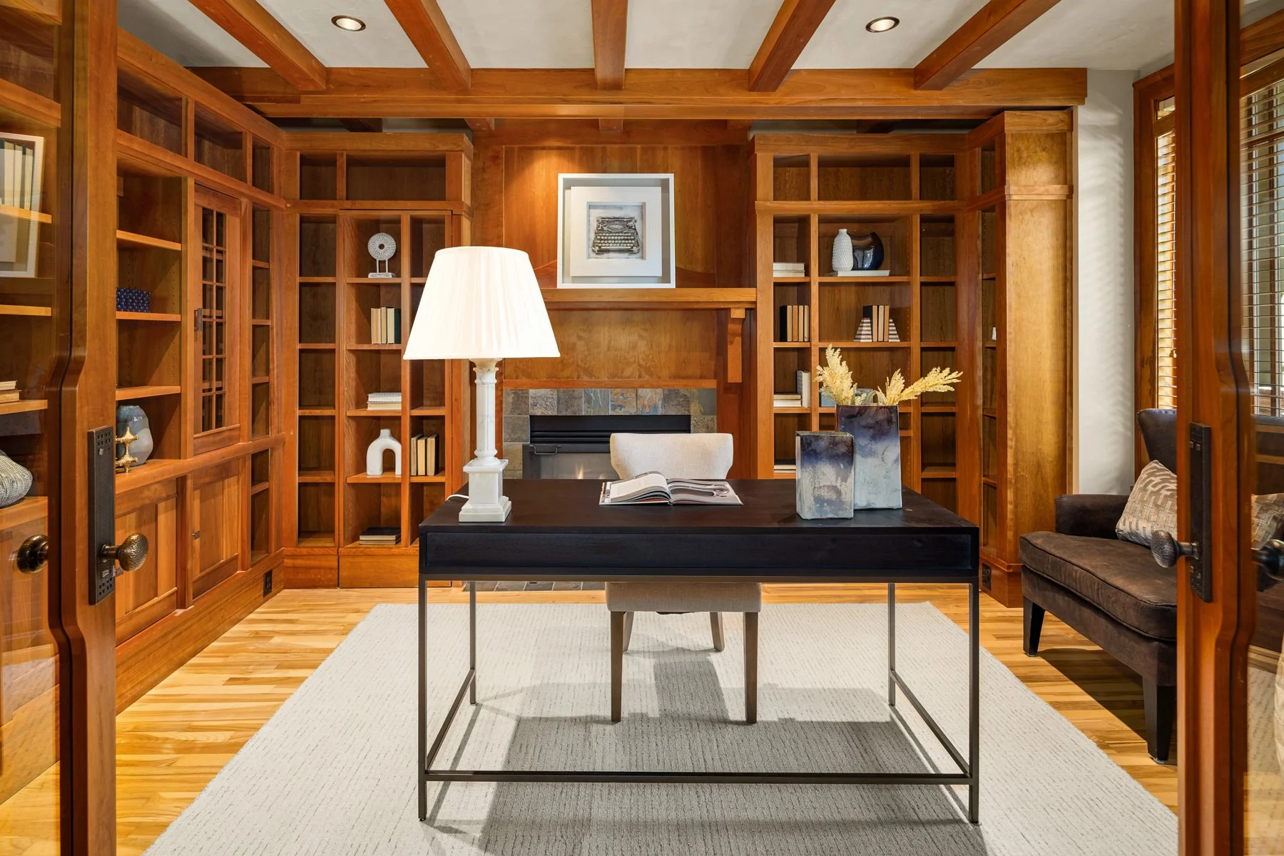 Warmth of the cherry wood surrounds your workday