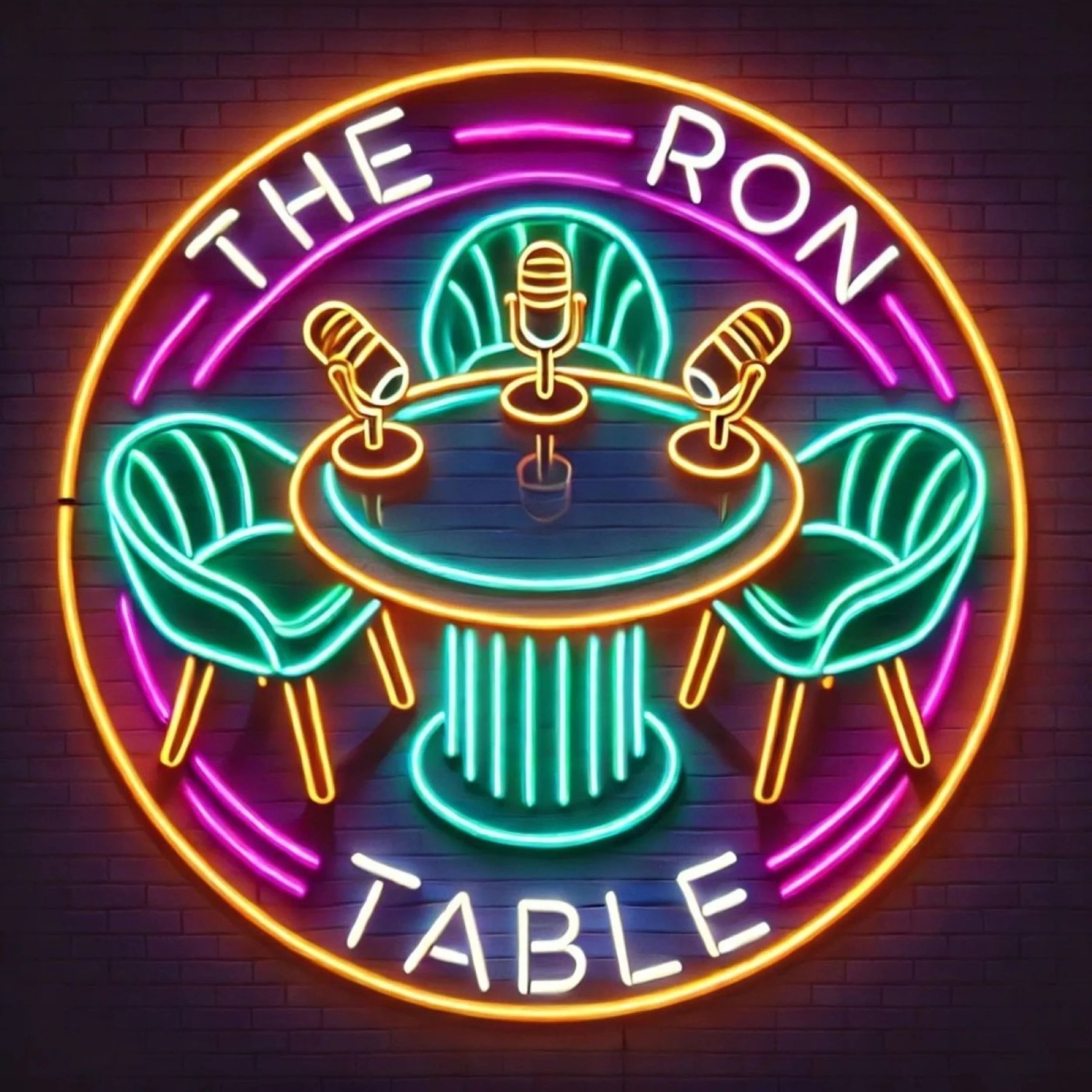 Neon sign reading 'The Ron Table' with a round table, three chairs, and microphones.