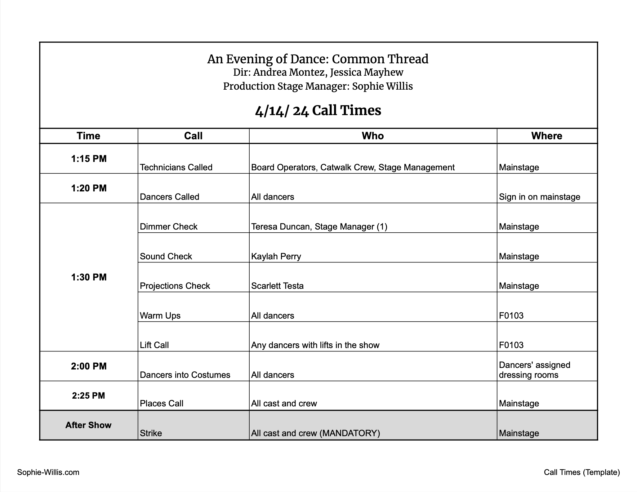 Call Time Sheets