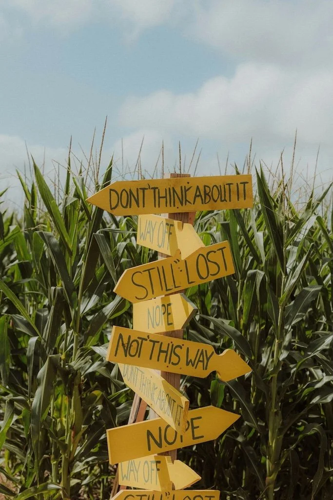 Multiple yellow directional signs with black handwritten text, placed on a wooden post in a cornfield, with a cloudy sky in the background.