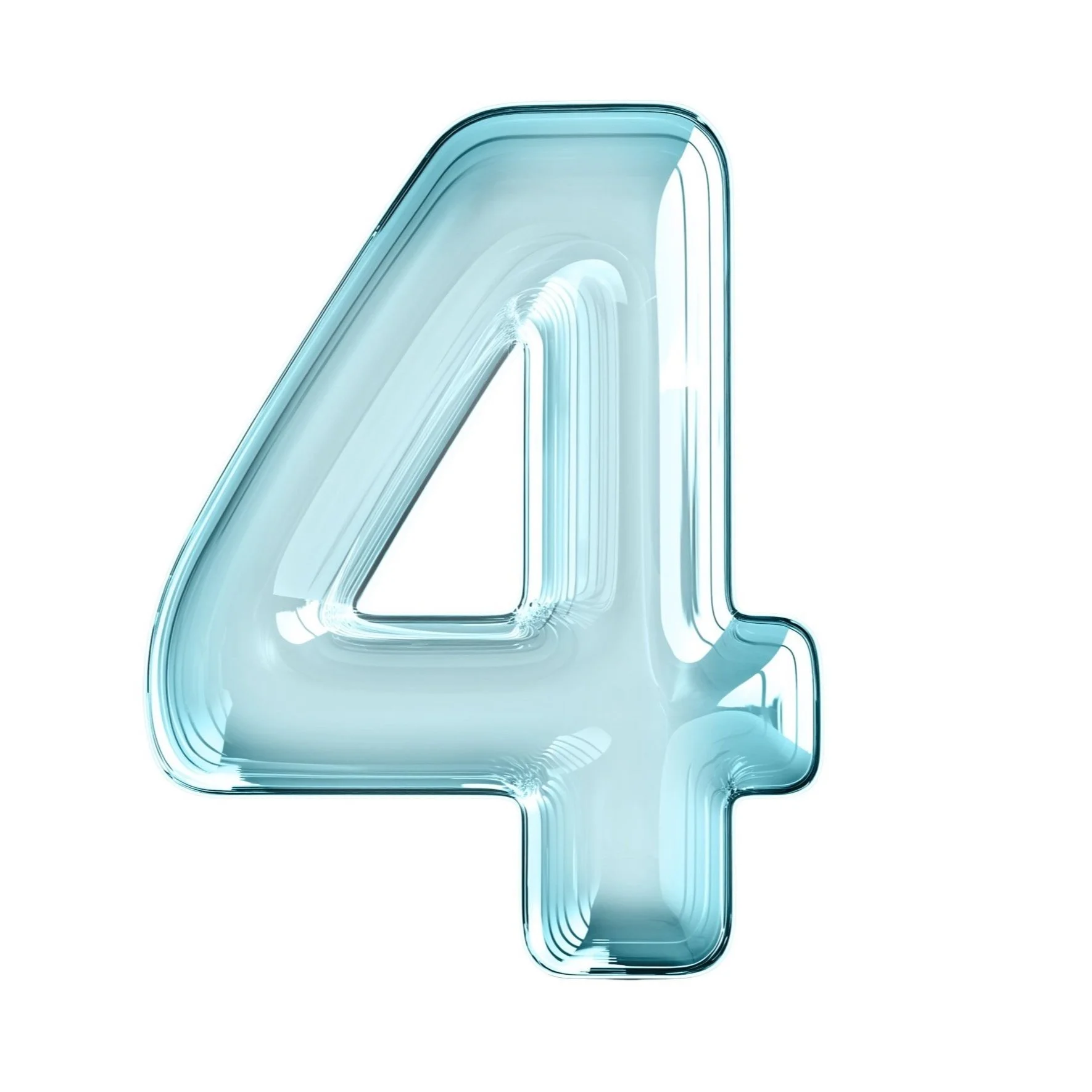 Transparent glass number four on a white background