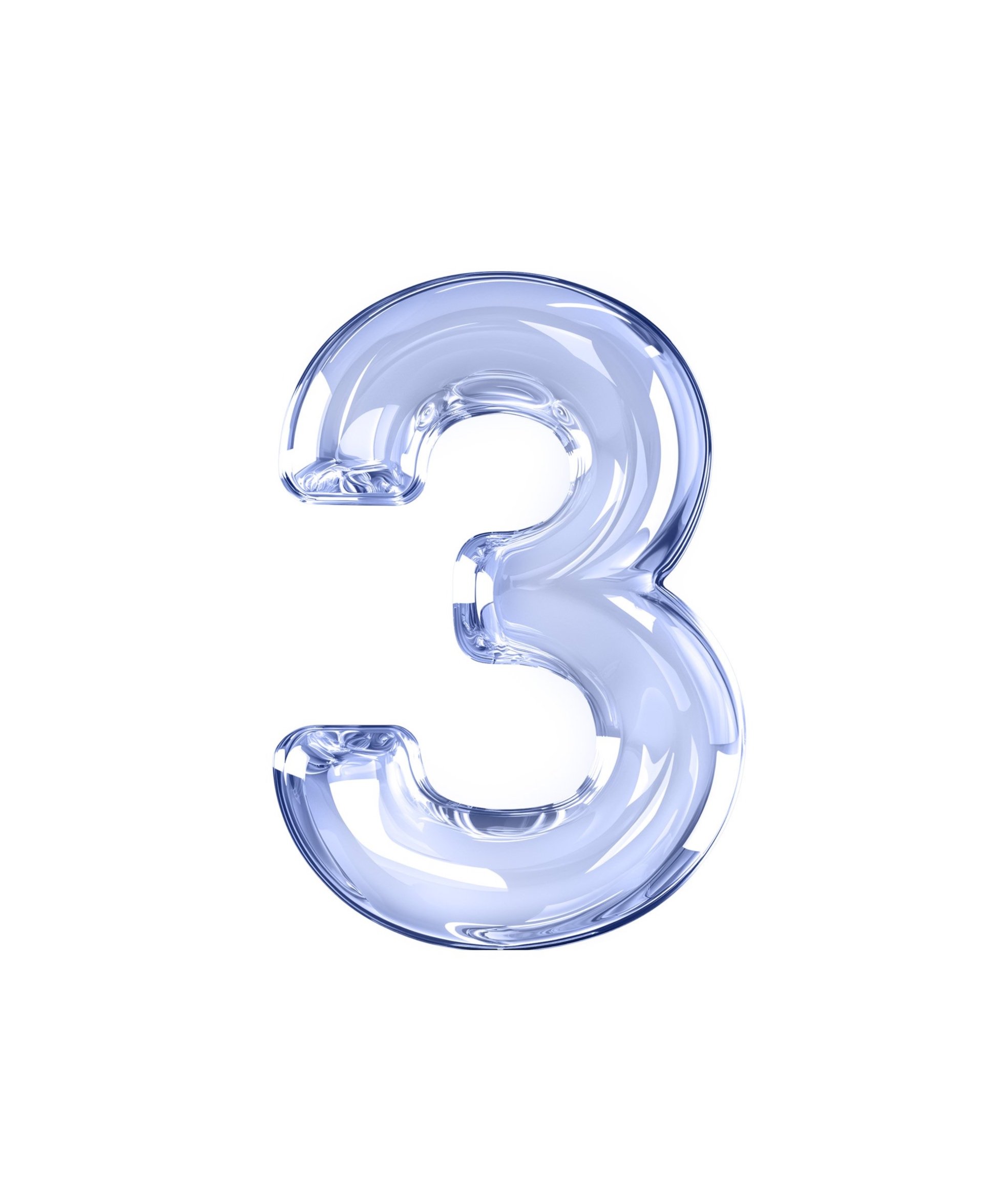 Transparent glass number three on white background