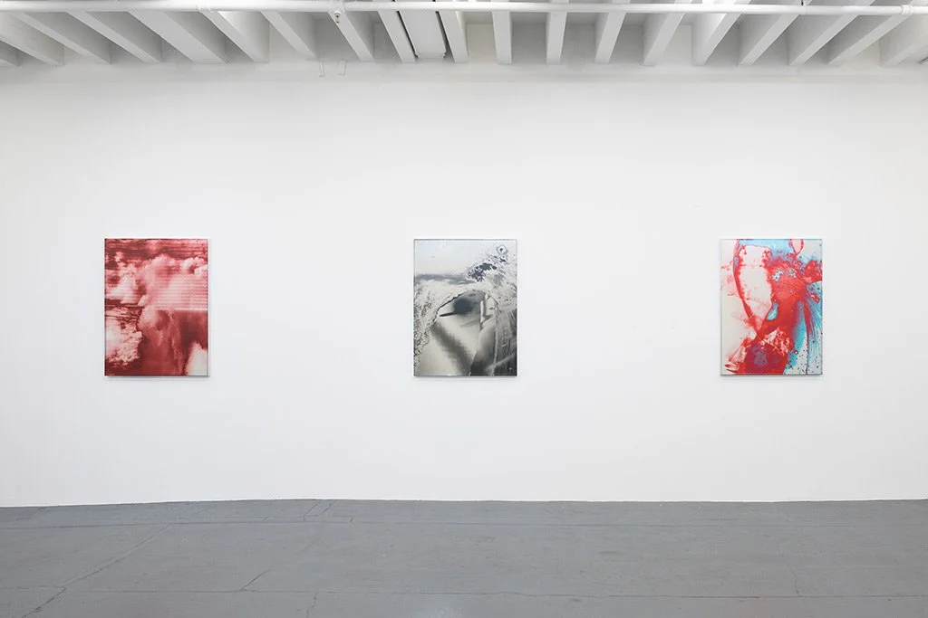 Eileen Quinlan: Miguel Abreu Gallery 
(from left to right)  Shut-in Set (One More Cup) ,   Breathing ,  Spin Cycle Set (Wedding List) , 2023, installation view, UV-cured inkjet print on mirror and aluminum frame, 40 1/4 x 30 1/4 x 1 1/2 inches (102.2