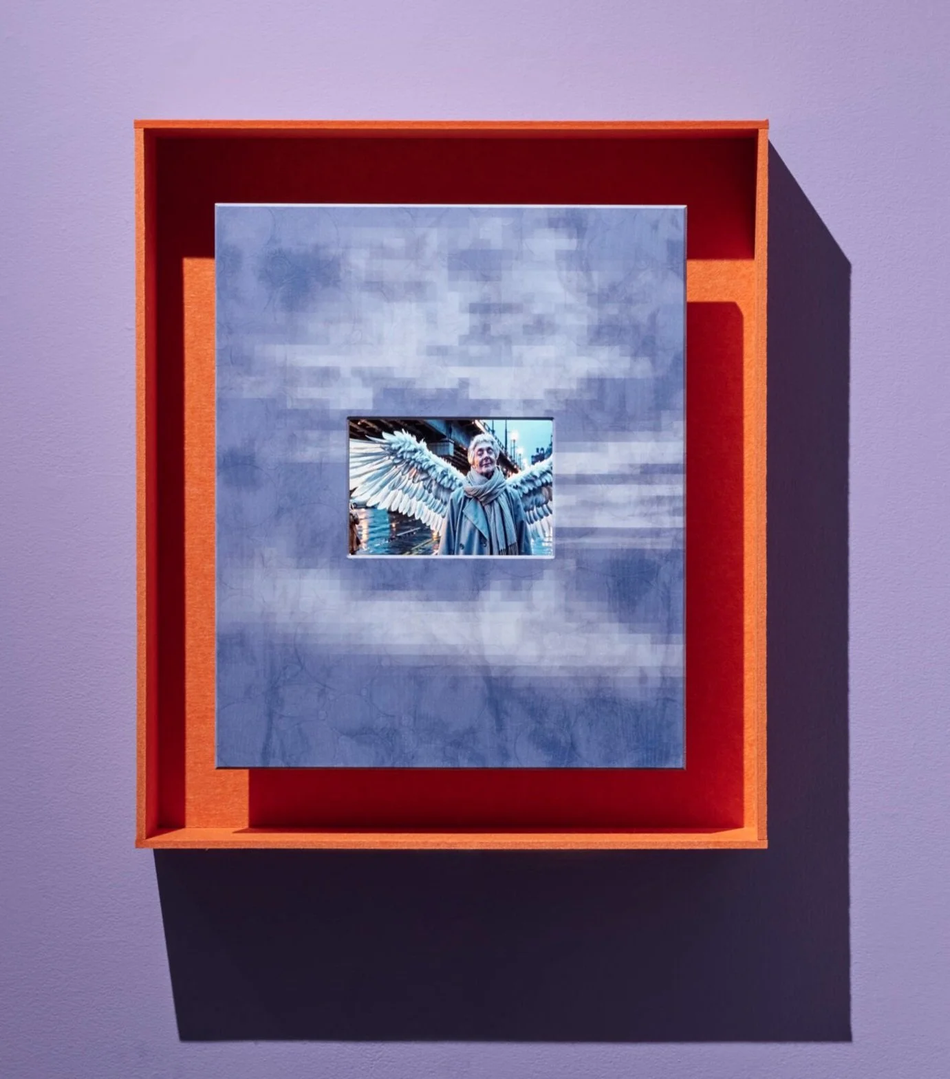 Claudia Hart: Bitforms Gallery
 
 Proxy Angel: 1 (Illumination) , 2025
3D animation, media player, 5.5in x 8 in monitor, pigment suspended in resin, acrylic paint and varnish, ash wood, felt
20 x 24 x 10 in.