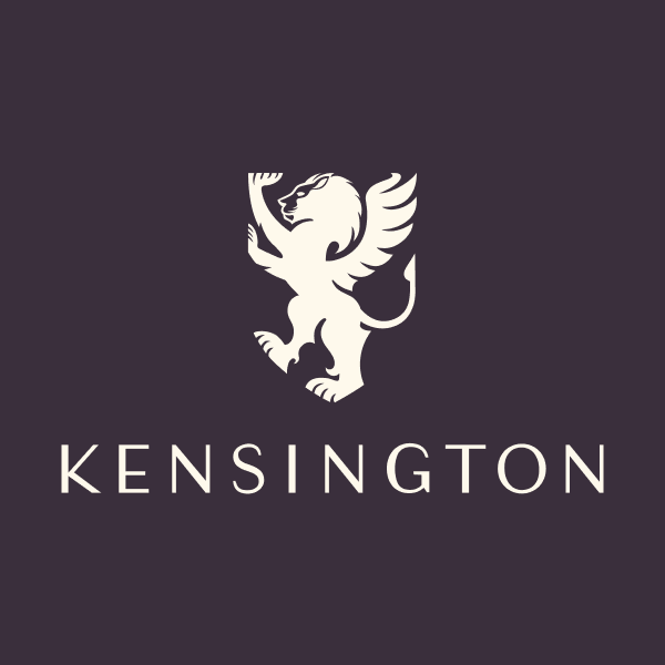 A white lion with wings standing on its hind legs above the word 'Kensington' on a dark purple background.