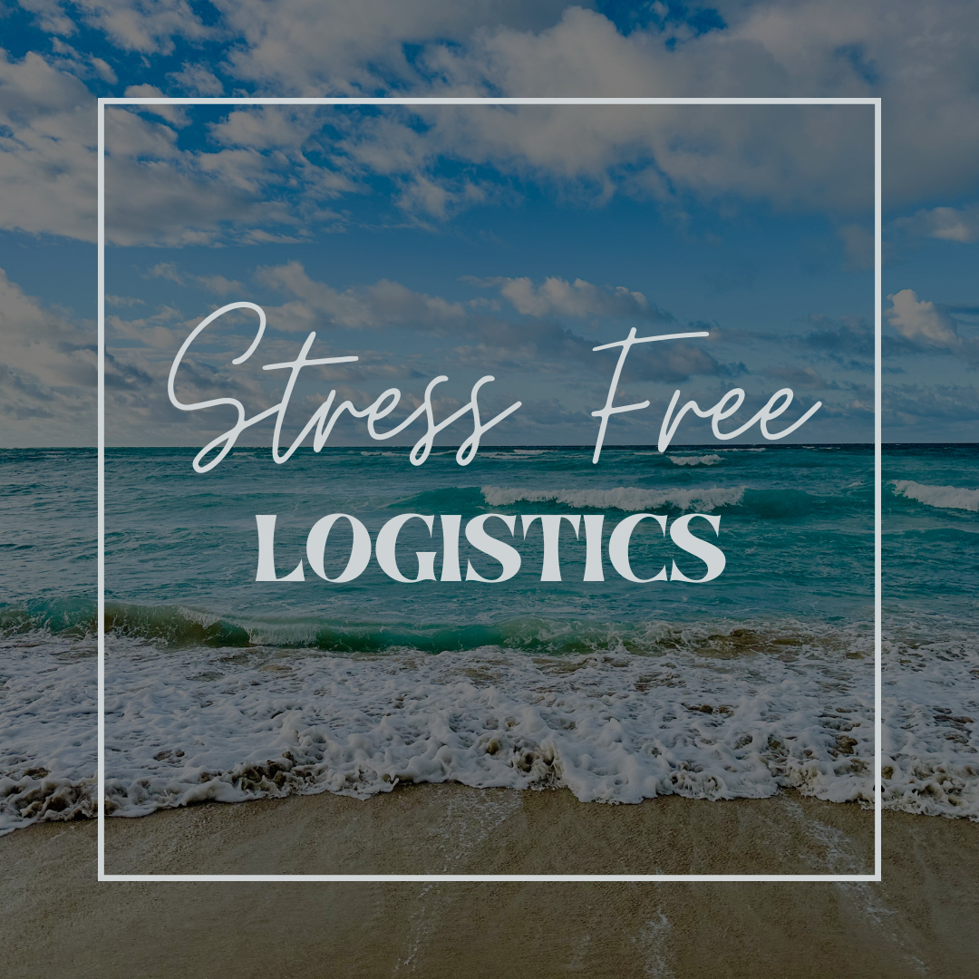 Hawaiian beach scene with waves and "Stress Free Logistics" text overlay.