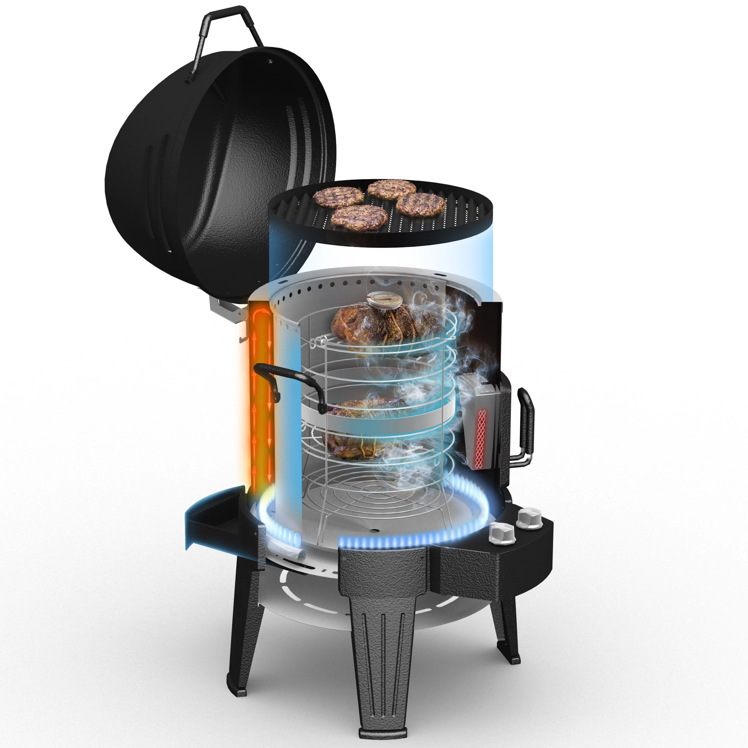 3D cutaway illustration showing the cooking system and components of an innovative BBQ grill. Created by Chris Wulff