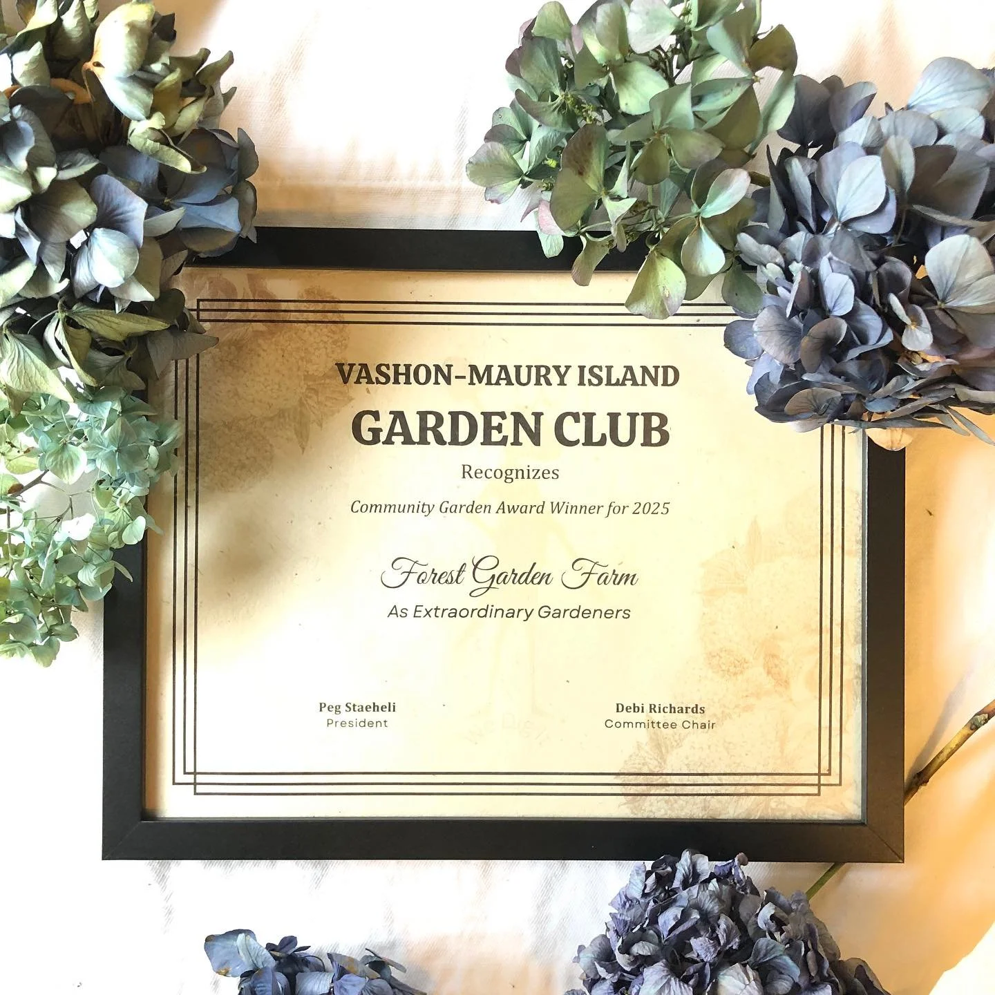 We are so grateful to be recognized by the Vashon-Maury Island Garden Club for our efforts in sharing our farm&rsquo;s cultural history and our environmental stewardship. Thank you to our friends at the Garden Club for the lovely award, beautiful cer