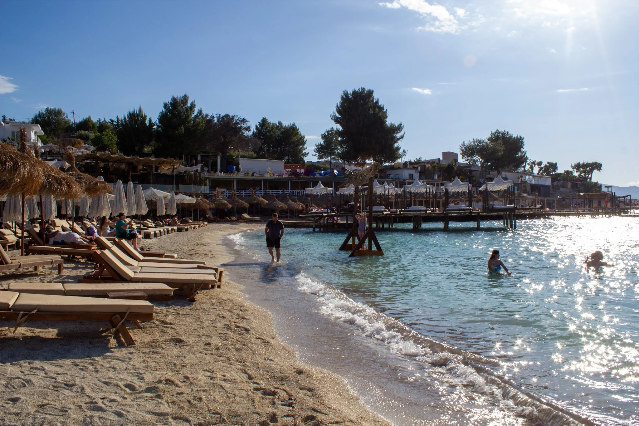 View of loungers and beach at Ksamil Beach, Albania