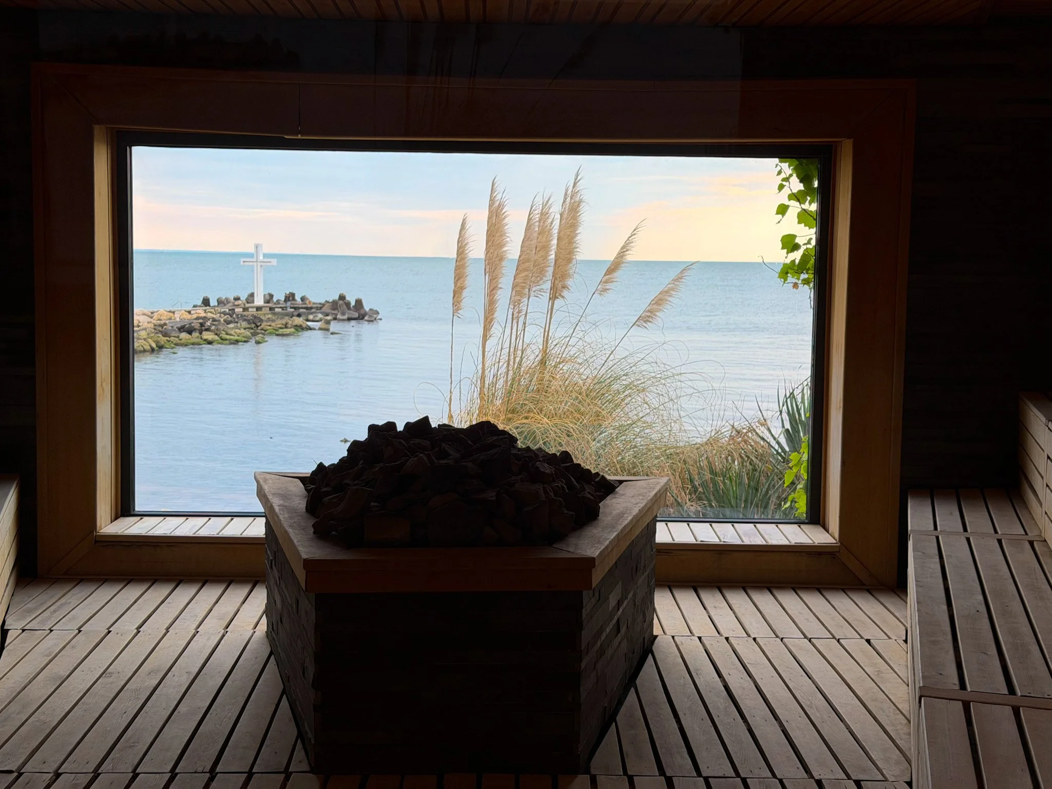 Finnish sauna overlooking The Black Sea at Aquahouse Thermal &amp; Beach, Varna, Bulgaria