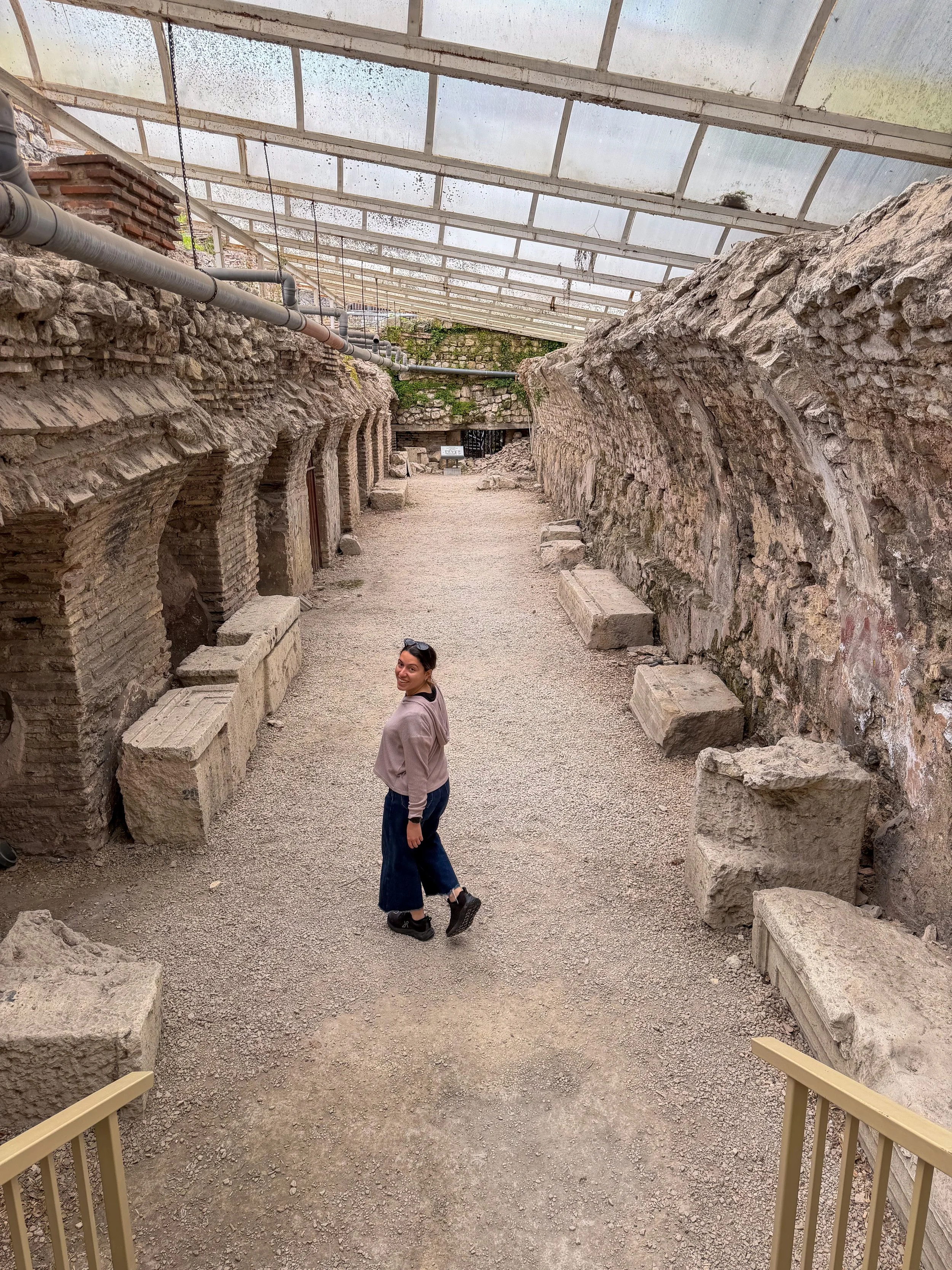 Carol exploring Roman Thermae remains of Varna
