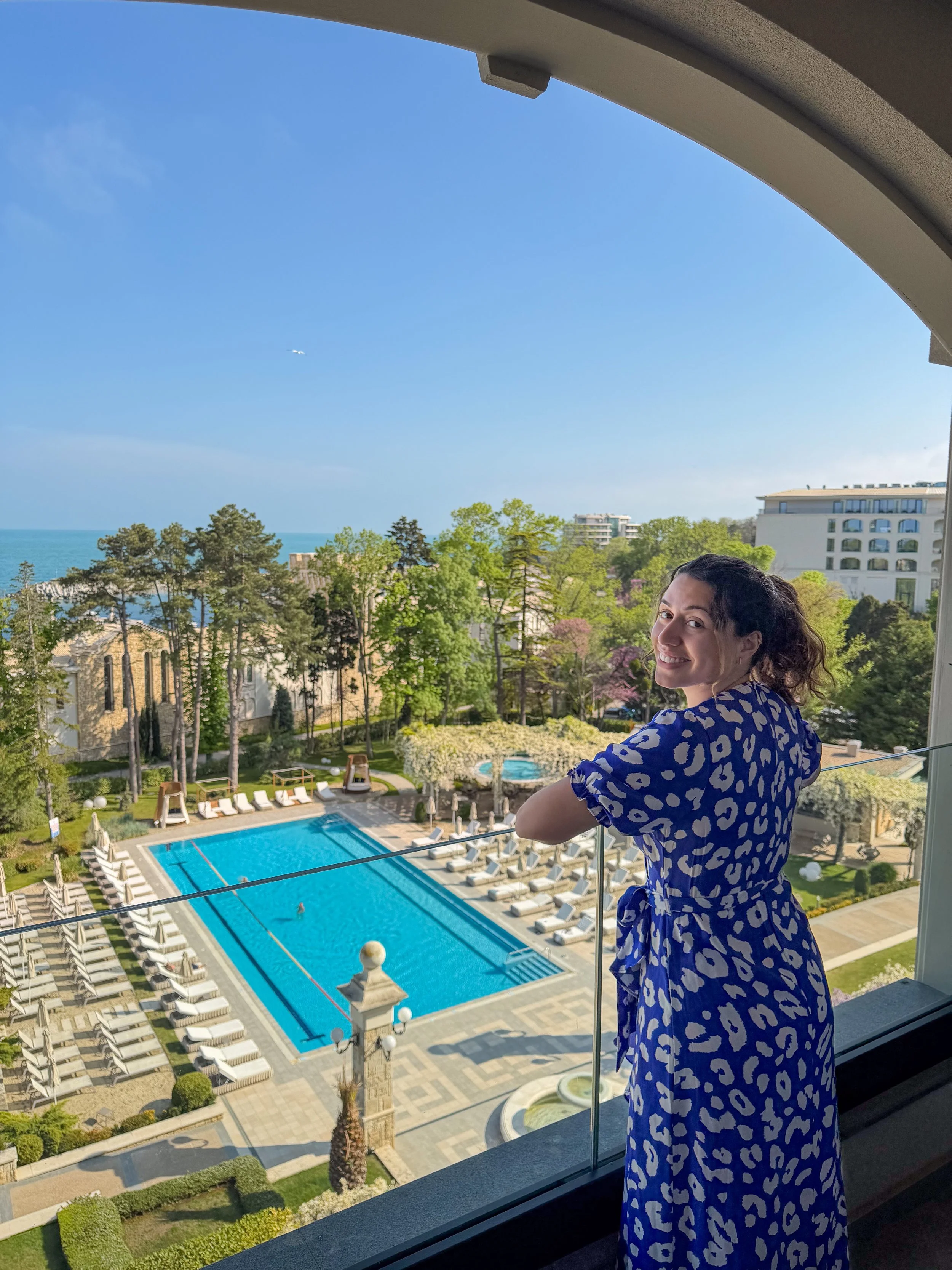 Carol soaking up the views from the balcony of the deluxe sea view room Astor Garden Hotel Varna