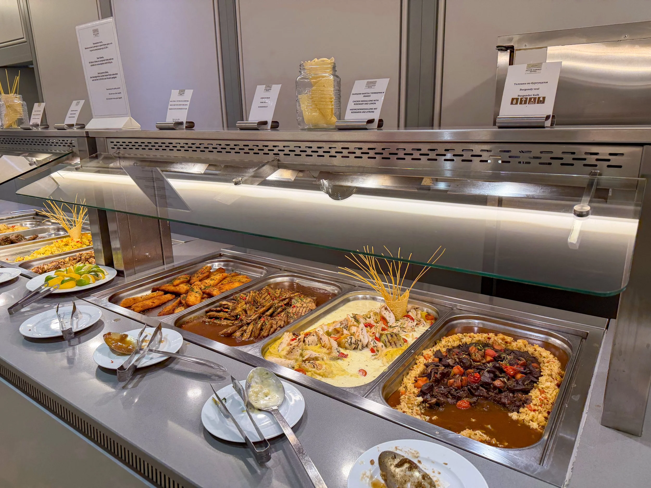 Selection of meats and fish at buffet dinner atAstor Garden Hotel in Varna