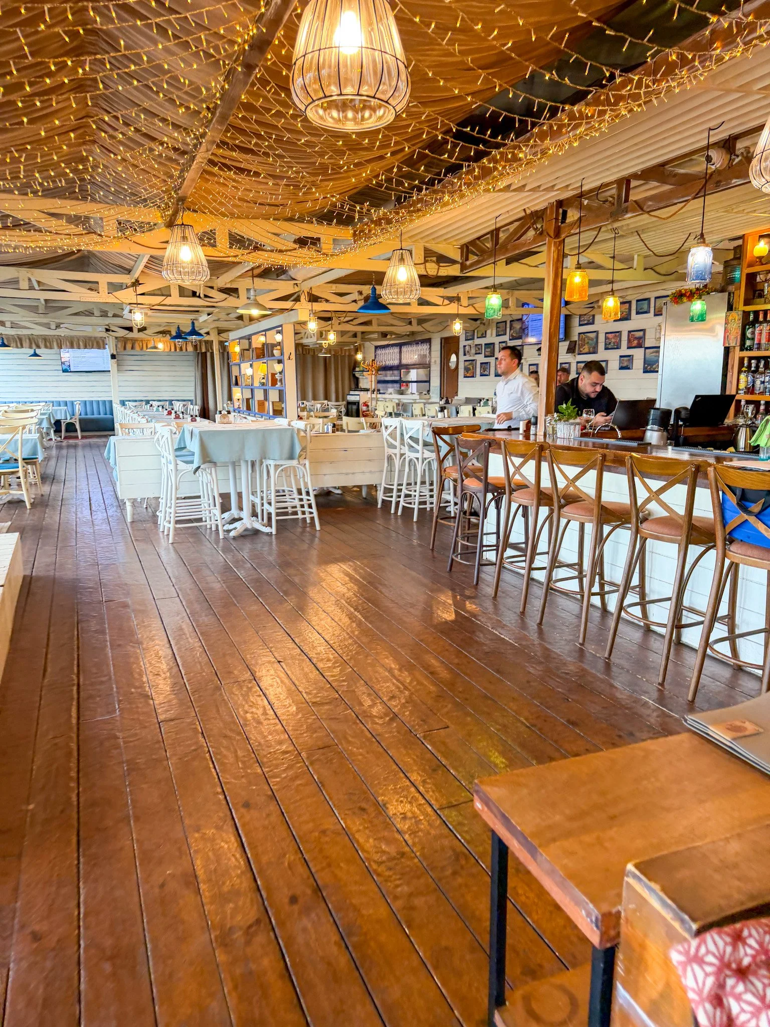 Beautiful indoor area with fairy lights at Staria Chinar, Port Varna, Varna, Bulgaria.jpg