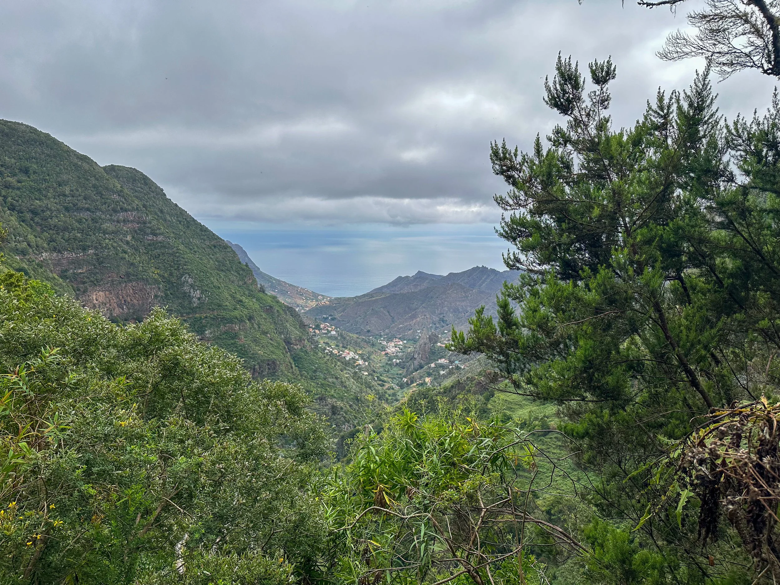 Views over mountain valley in La Gomera of the ocean