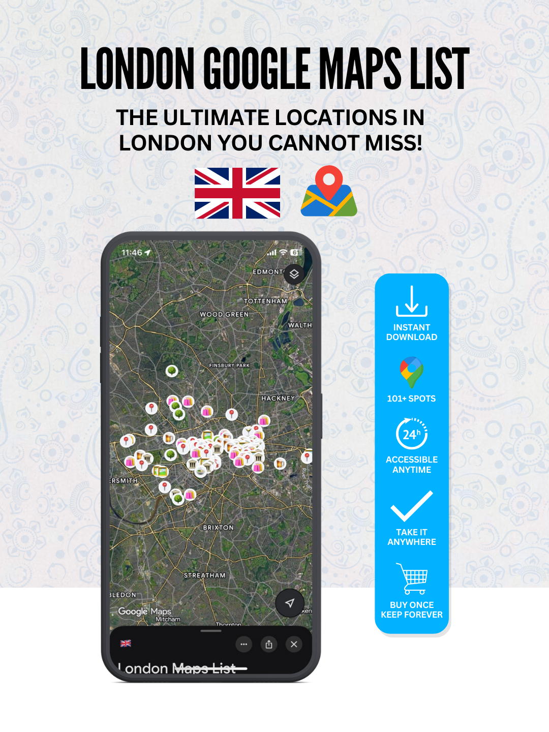 London: 100+ Best Locations (Instant Google Maps Digital List)