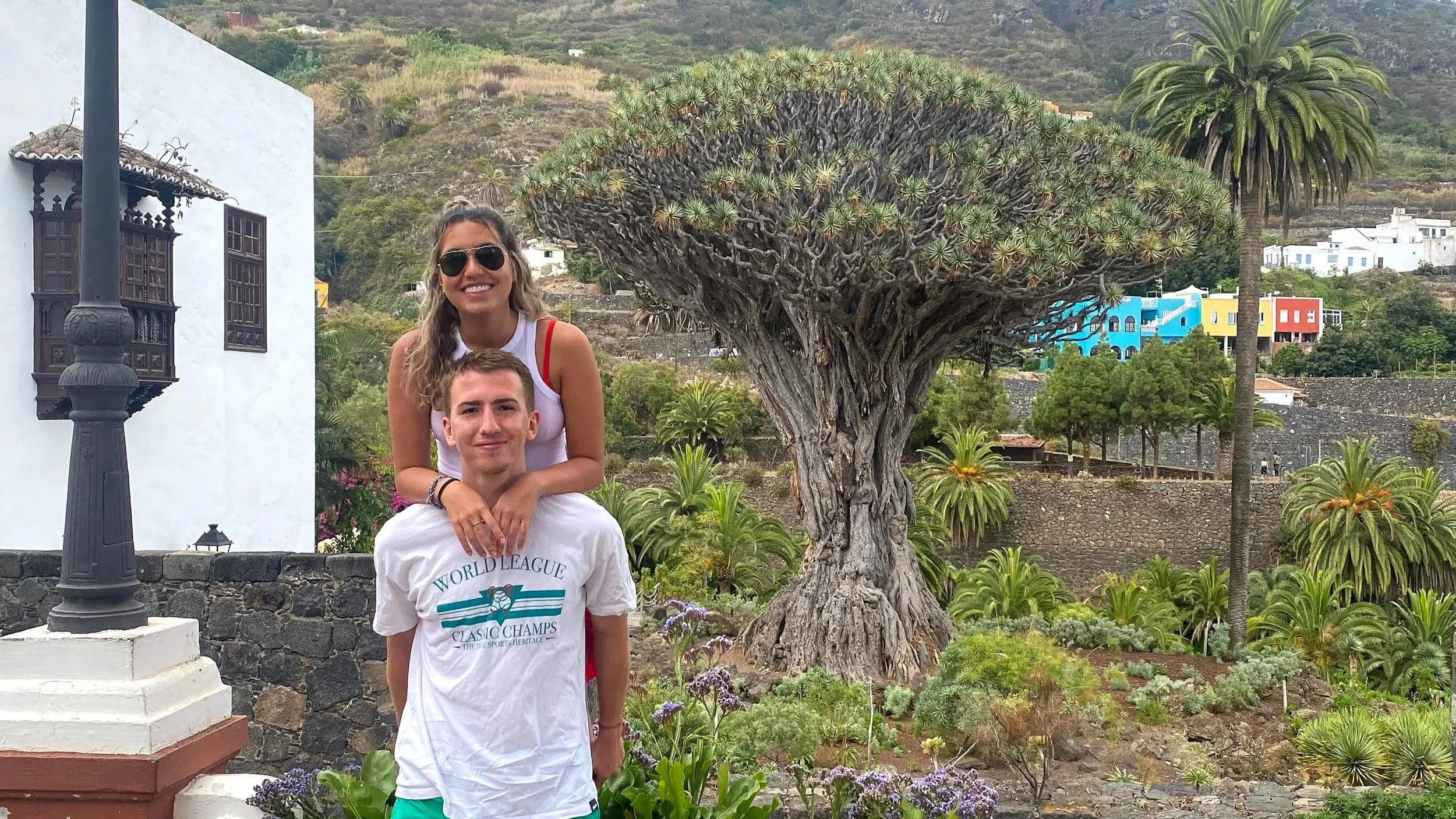 Carol and Max in front of he Drago Milenario in Icod de los Vinos, Tenerife