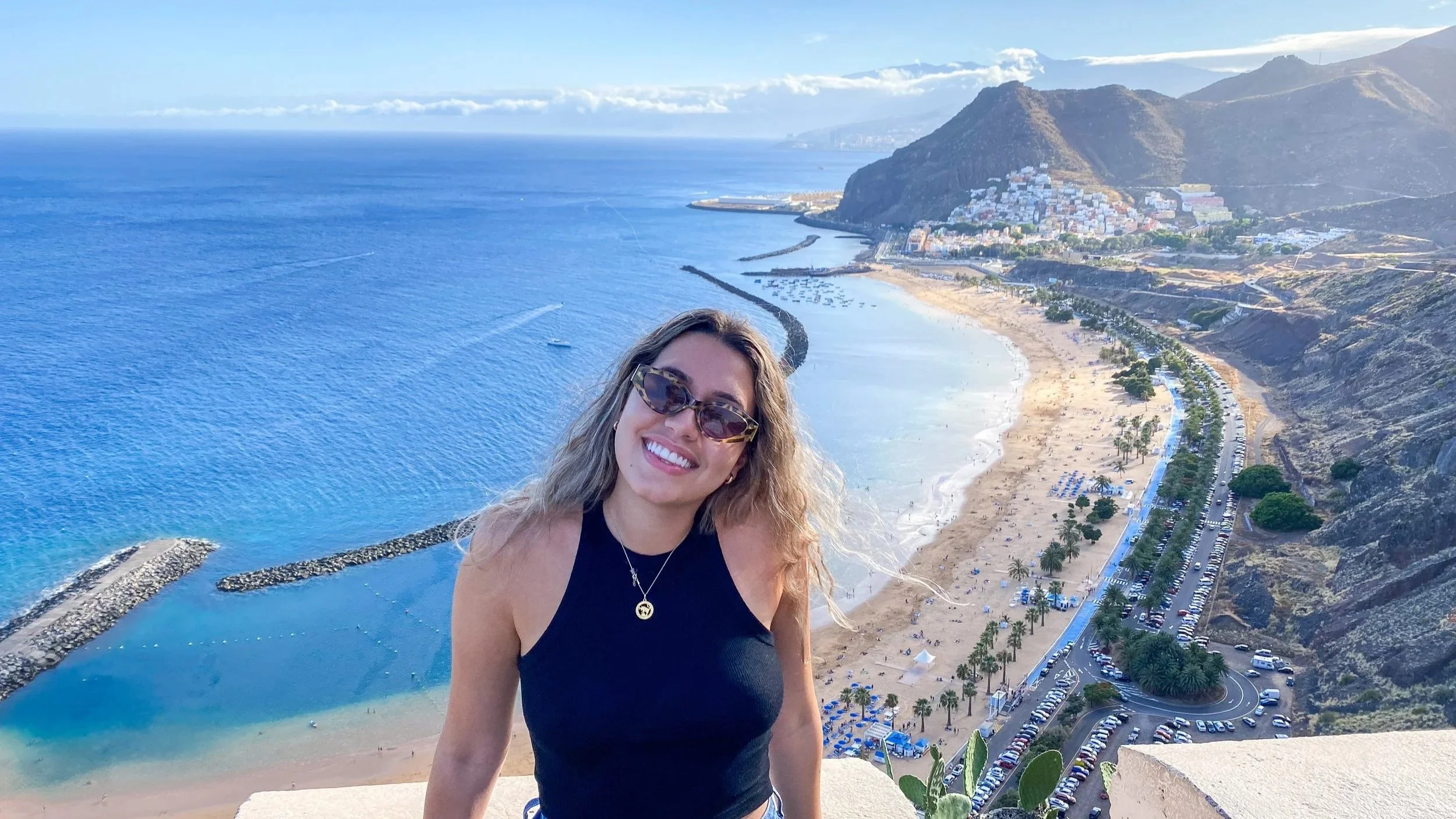 Carol with high views of the Teresitas beach in Tenerife