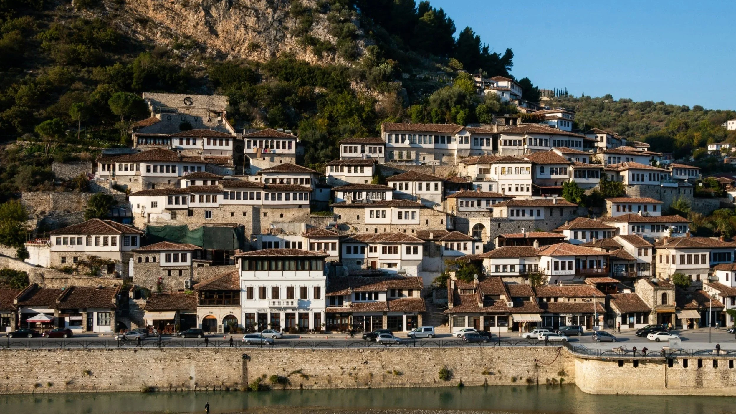 Albanian style houses on hillside in Berat surrounded by lush green