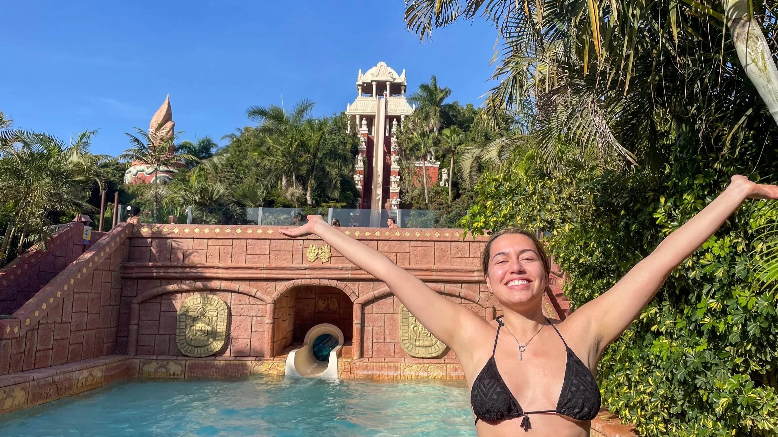 Carol at the Tower of Power in Siam Park, Tenerife