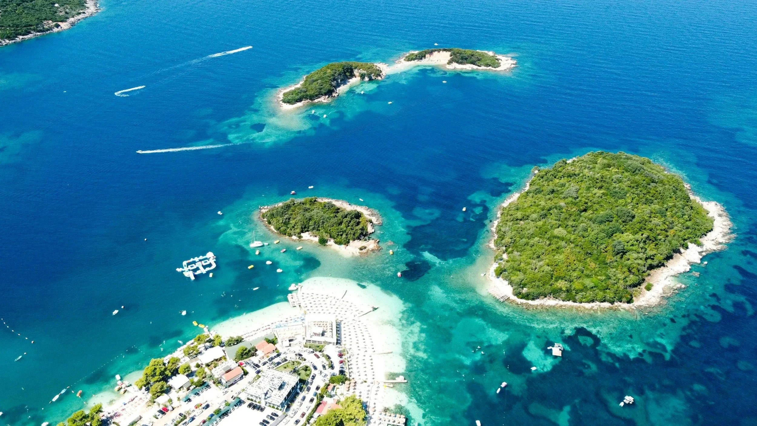 Ksamil islands aerial view blue waters daylight