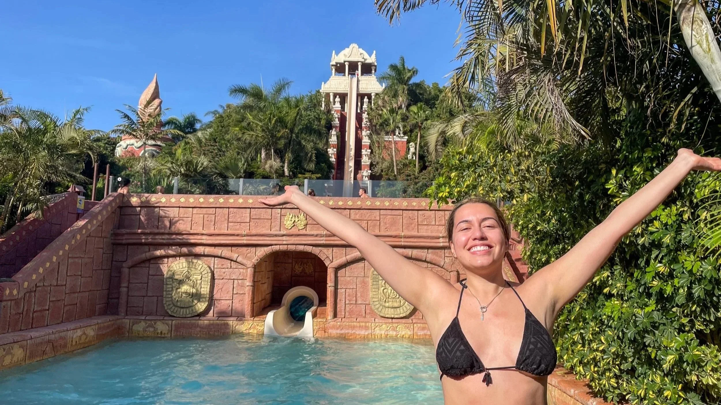 Carol at the Tower of Power in Siam Park, Tenerife