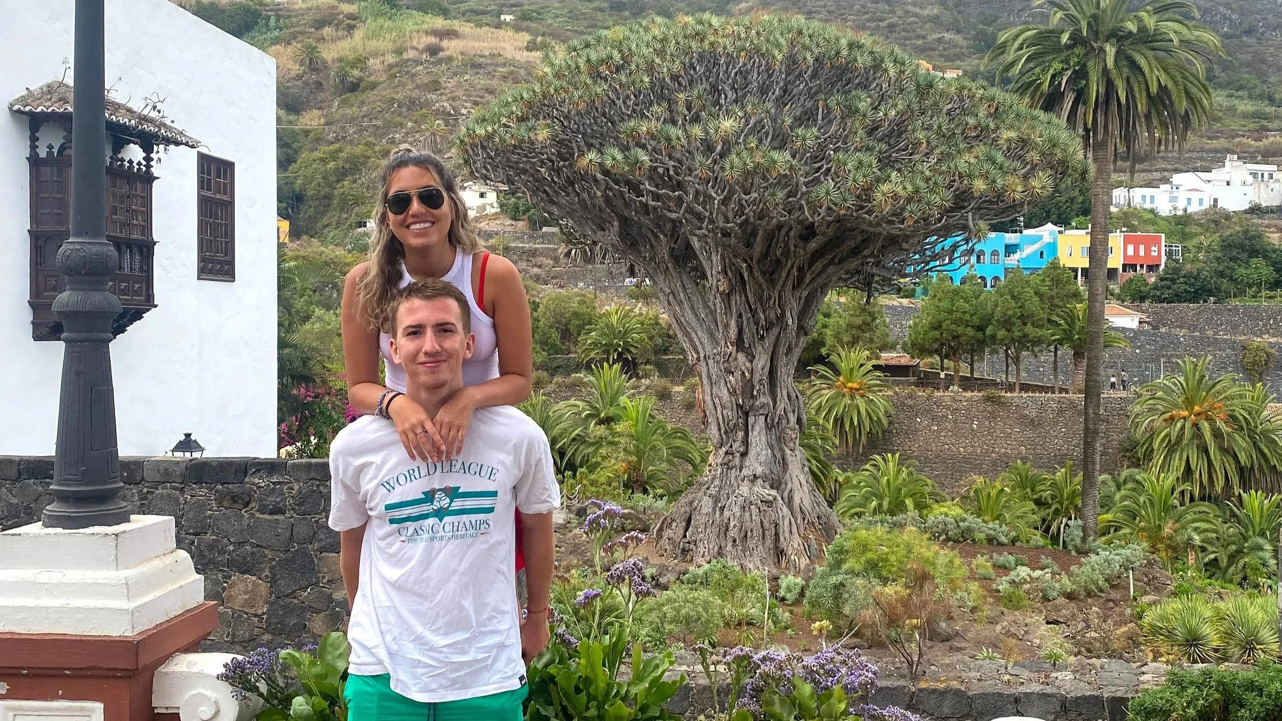 Carol and Max in front of he Drago Milenario in Icod de los Vinos, Tenerife