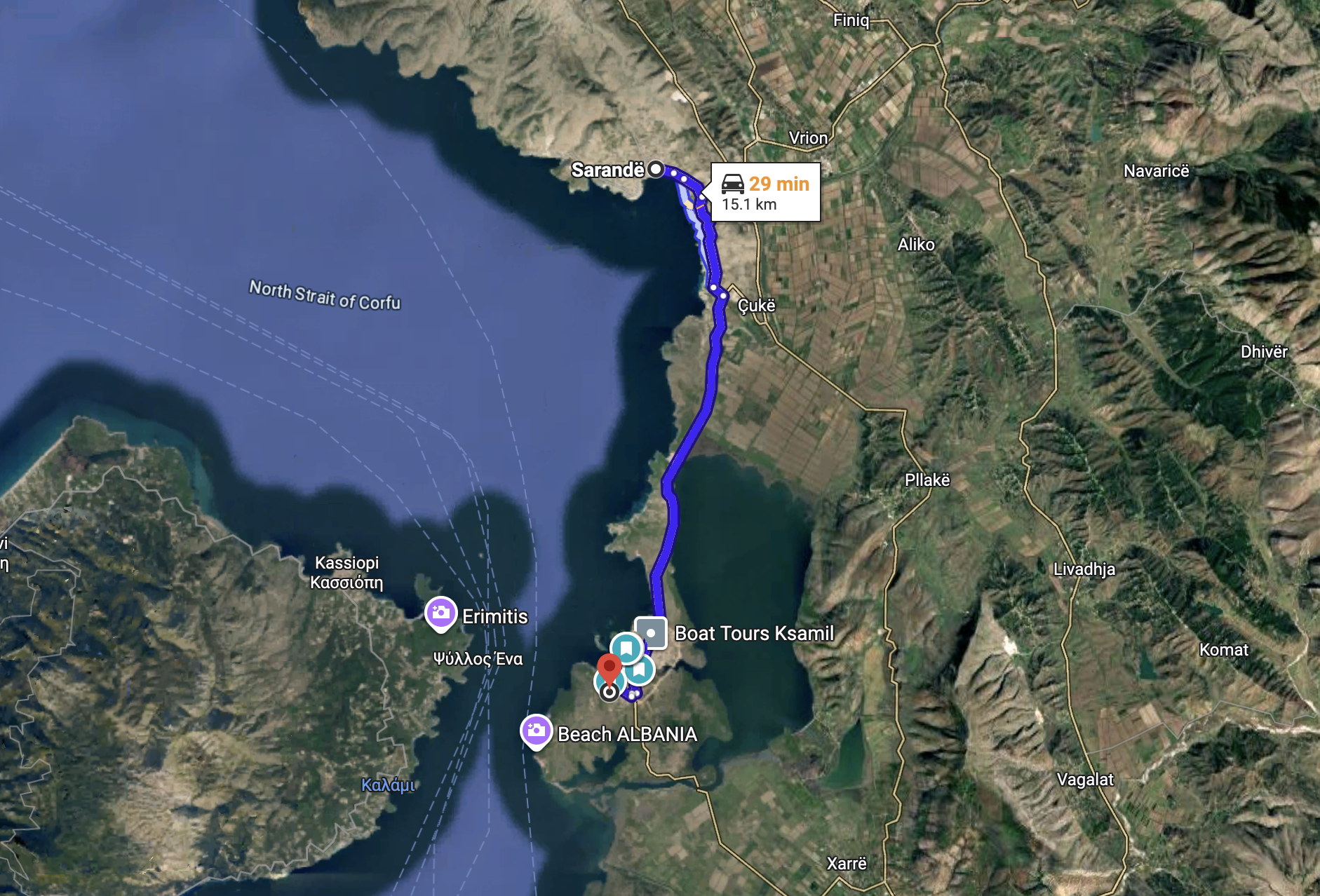 Distance comparison between Ksamil and Sarande - Google Maps screenshot