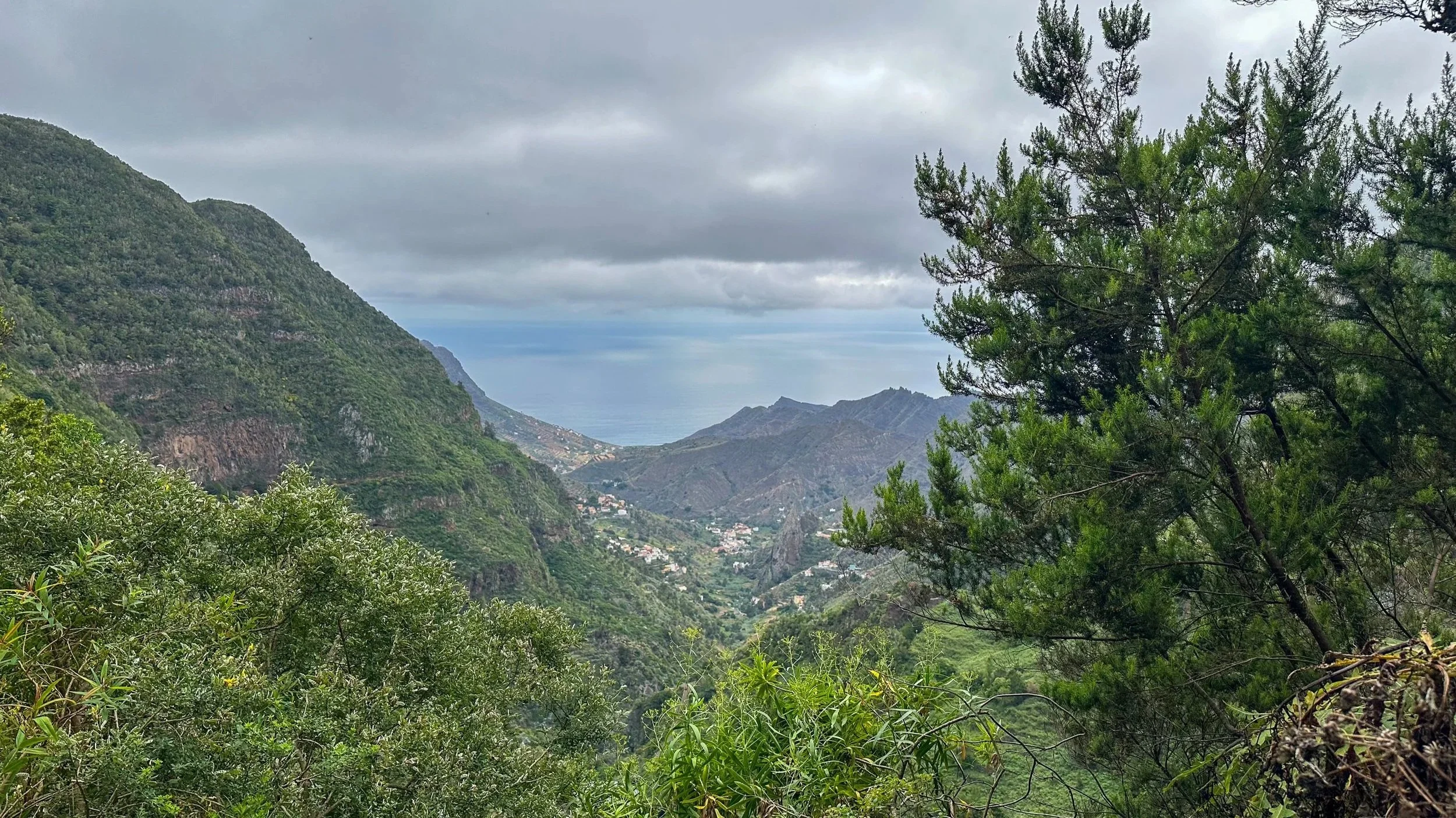 Views over mountain valley in La Gomera of the ocean