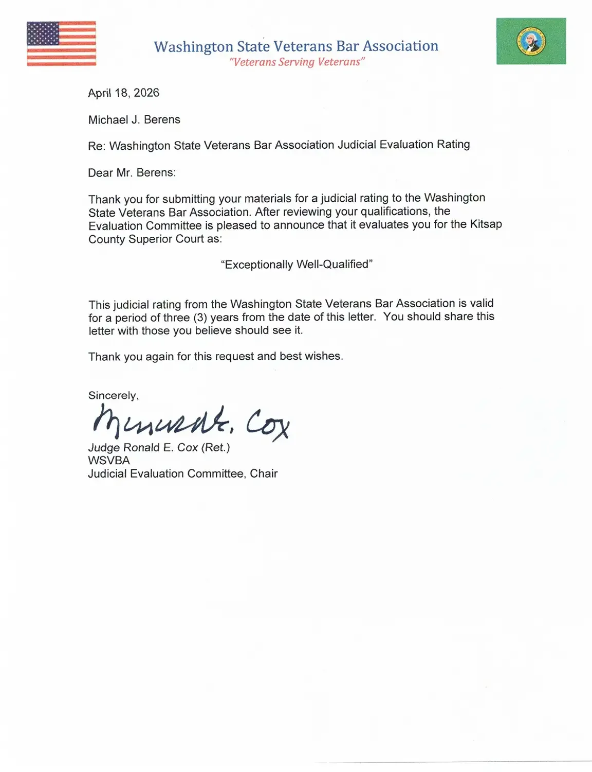 Beren's official judicial evaluation rating from the Washington State Veterans Bar Association