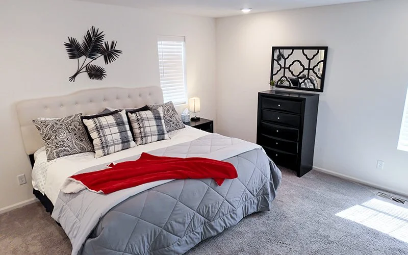 Bedroom featuring a neutral color scheme, a large bed and dressers