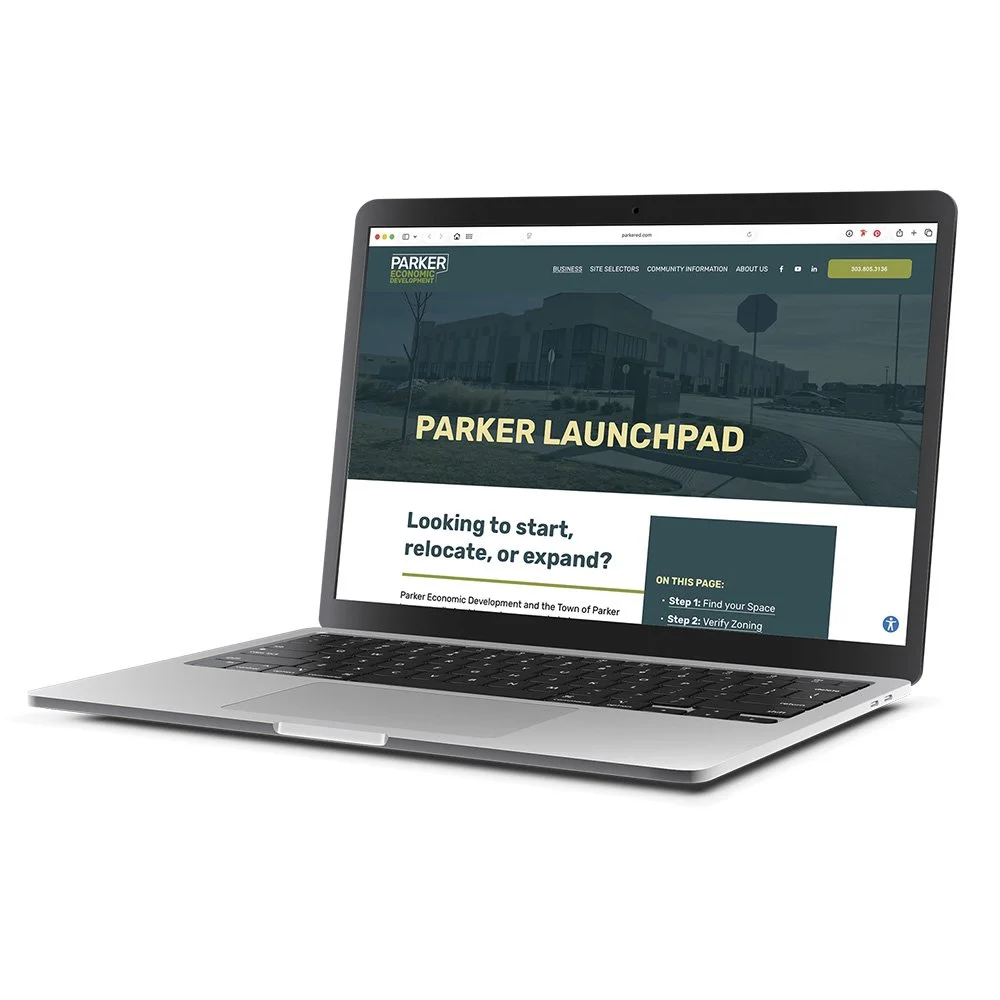 Laptop displaying the Parker Economic Development website, the Parker Launchpad page