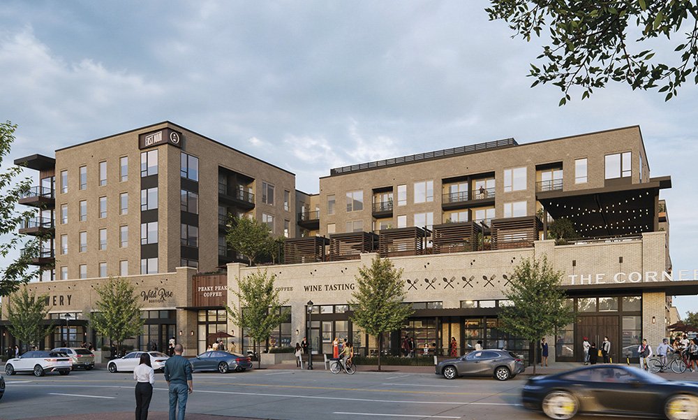 Rednering of multi-use building with apartments and restaurants